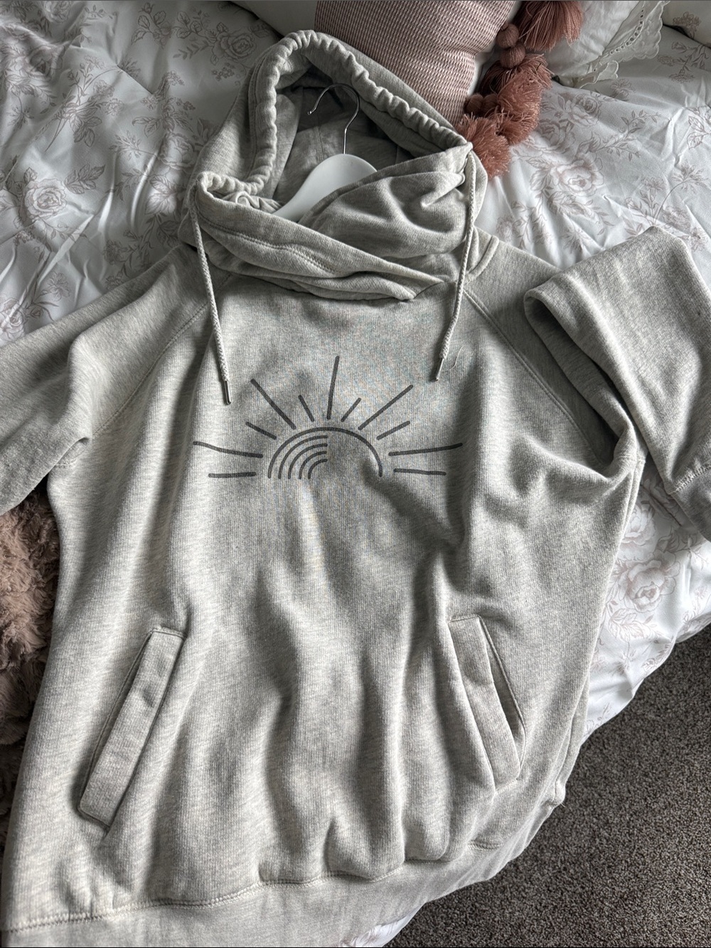 Women's Light Gray Cowl Neck Sweatshirt with Sun Graphic